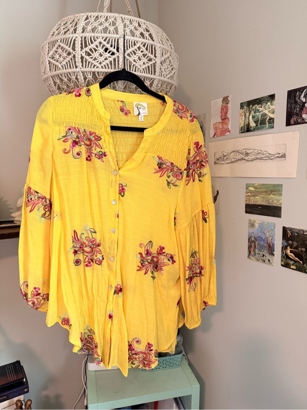 fig and flower Yellow Floral Button-Down Peasant Blouse